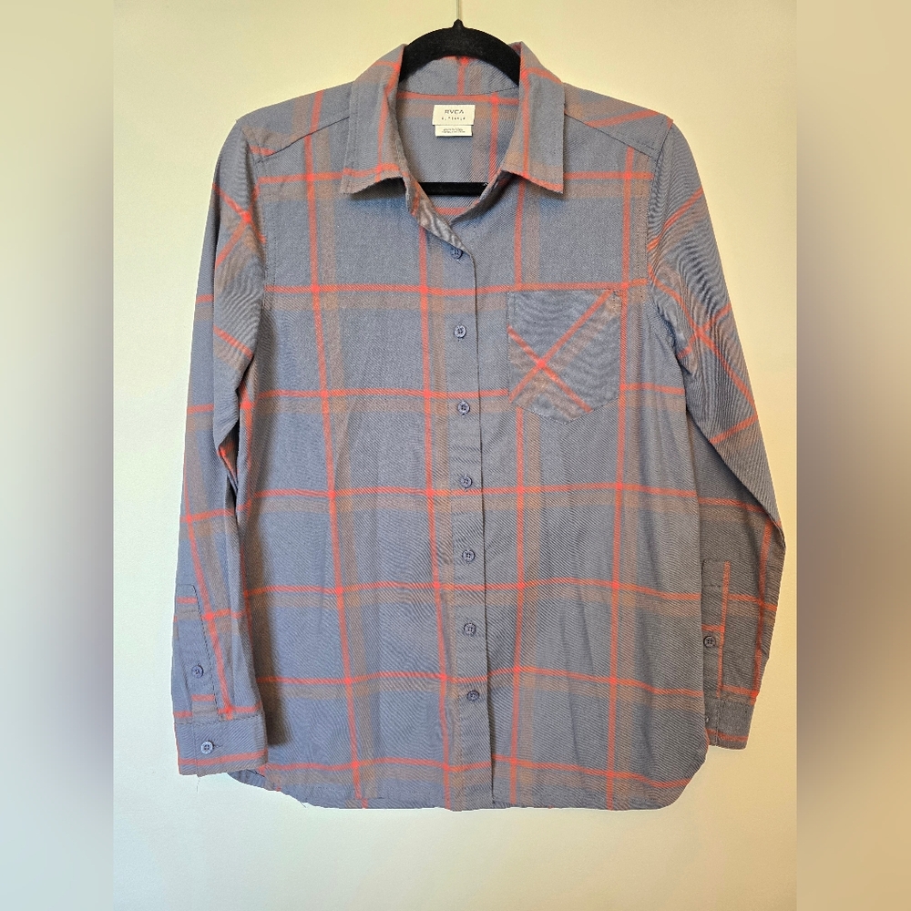 RVCA Men's Blue Shirt with Coral Windowpane Plaid